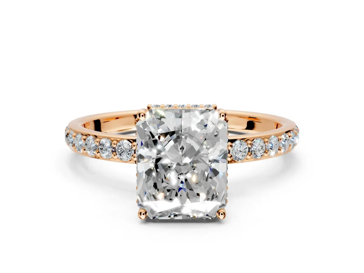 Hidden Halo Engagement Ring Setting for Radiant Cut Center with Pave Band and Prong Head in Rose Gold