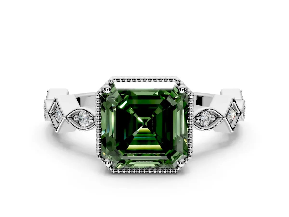 Milgrain Bezel Engagement Ring Setting for Fancy Green Asscher Cut Center with Marquise Stations and Bezel Head in Sterling Silver