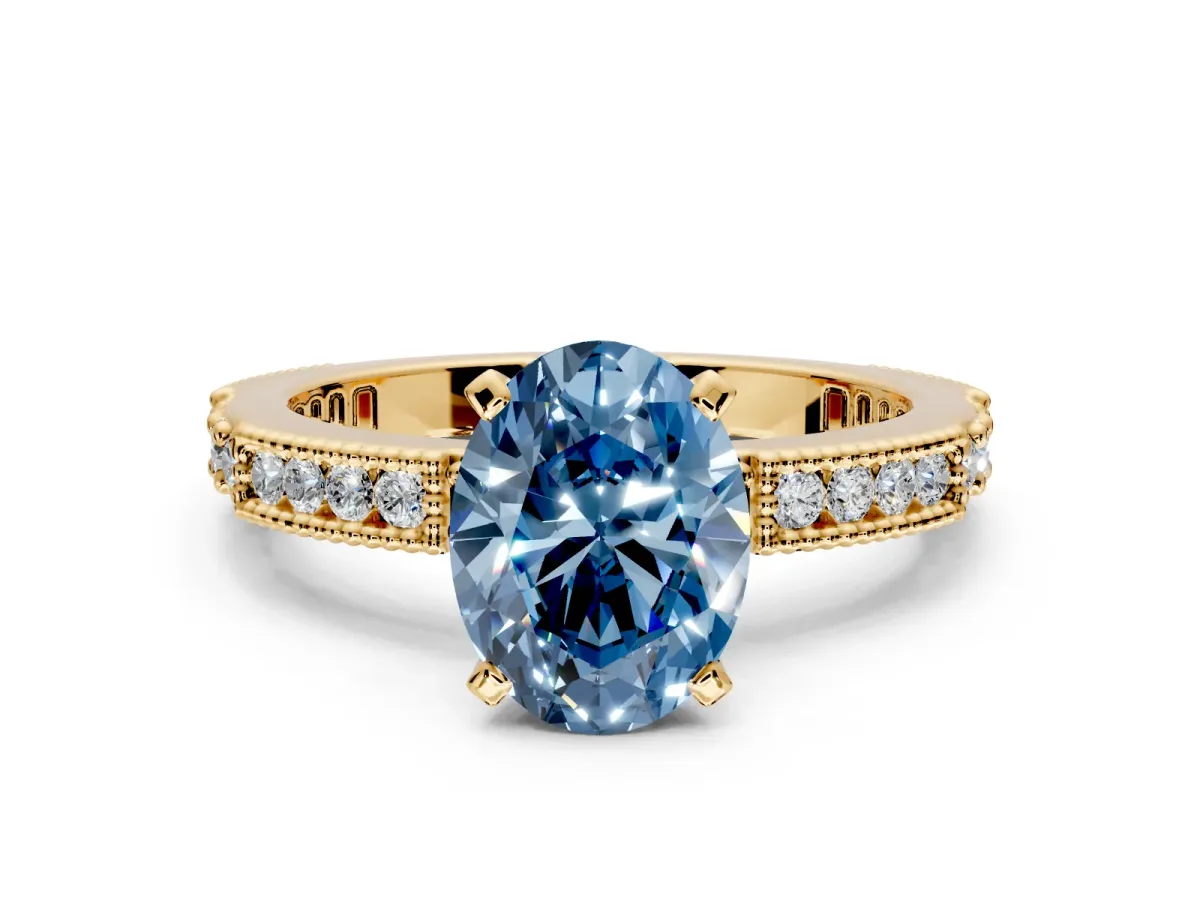 Solitaire Engagement Ring Setting for Fancy Blue Oval Center with Milgrain-Edged Pave Band and Prong Head in Yellow Gold