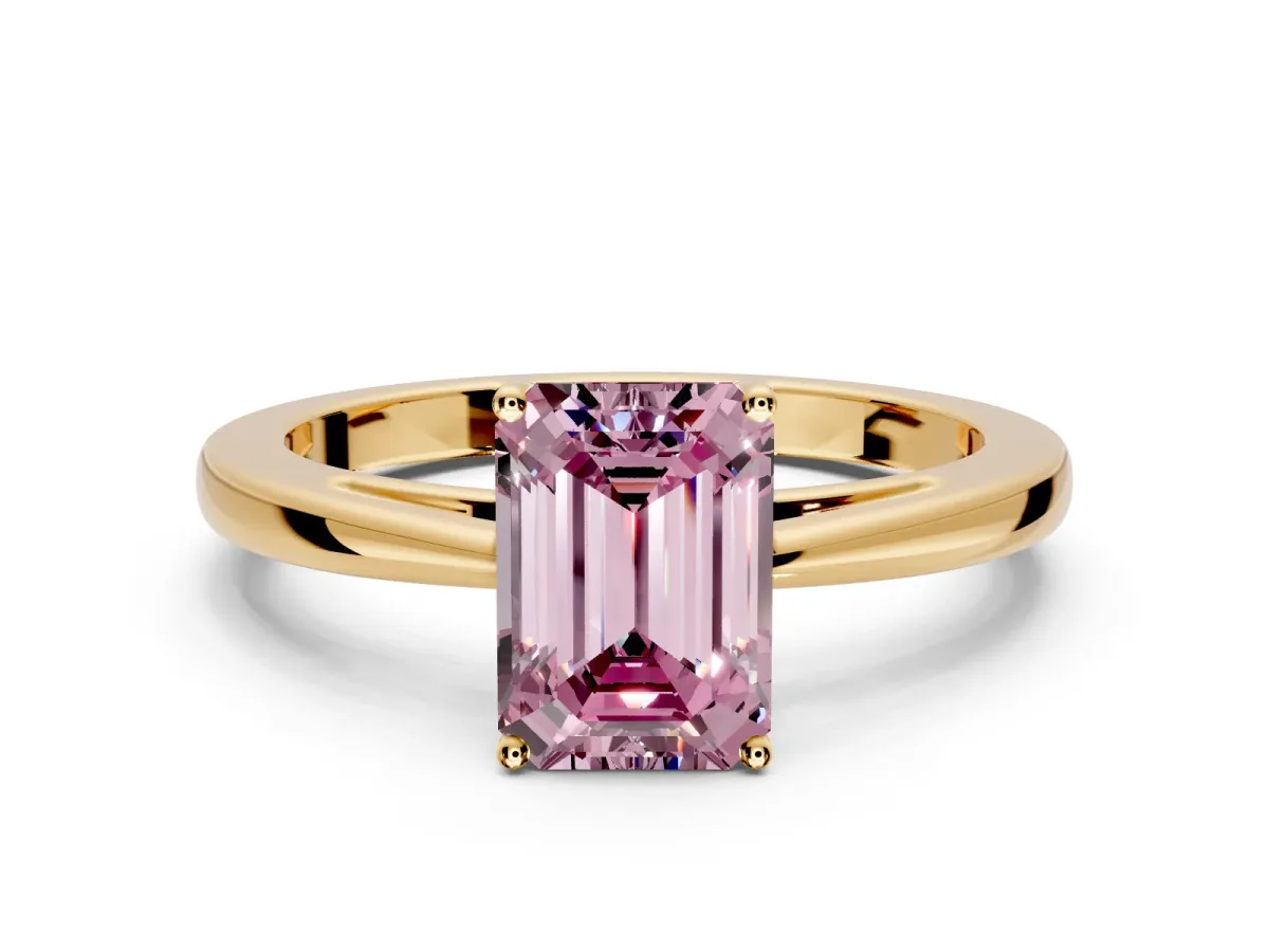Solitaire Engagement Ring Setting for Fancy Pink Emerald Cut Center with Open Cathedral Shoulders and Prong Head in Yellow Gold