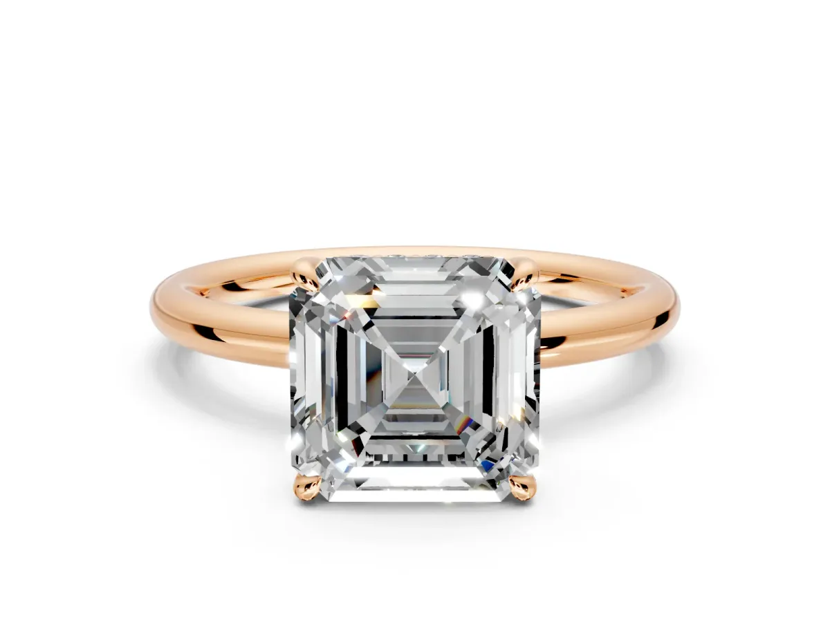 Hidden Halo Engagement Ring Setting for Asscher Cut Center with Thin Rounded Band and Prong Head in Rose Gold