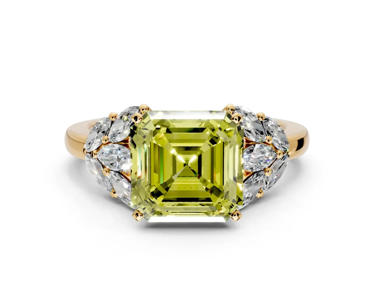 Leaf Cluster Engagement Ring Setting for Fancy Yellow Asscher Cut Center with Marquise Accents and Prong Head in Yellow Gold