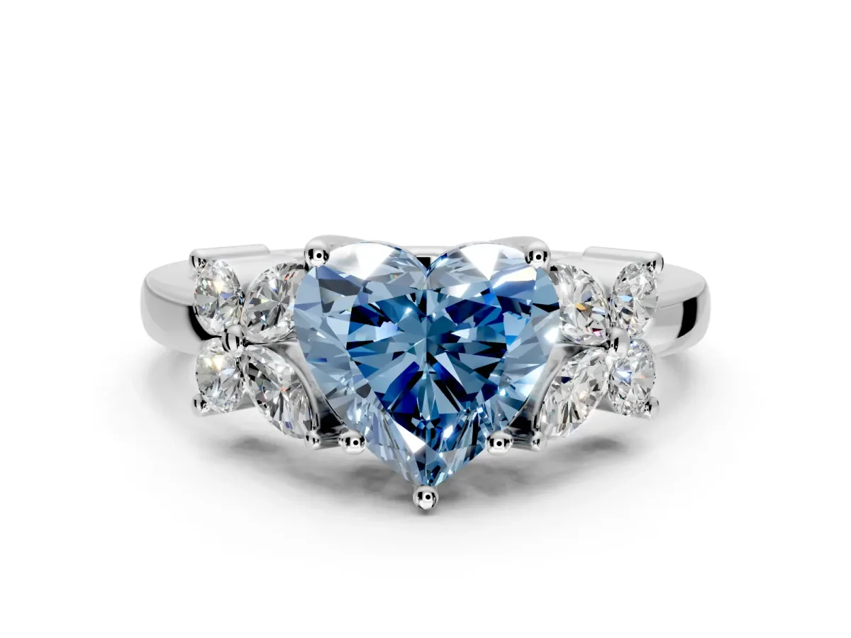 Floral Engagement Ring Setting for Fancy Blue Heart-Shaped Center with Marquise Cluster Shoulders and Prong Head in White Gold