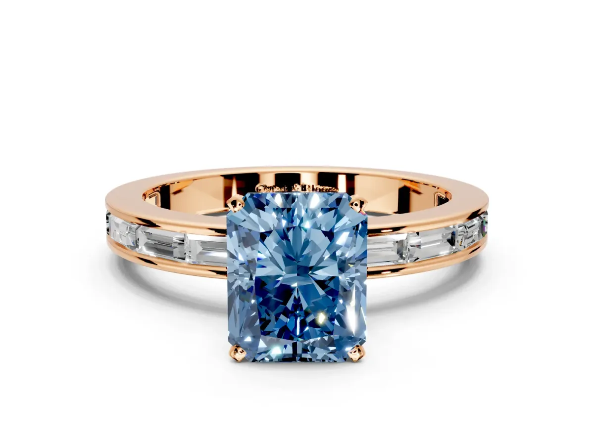 Solitaire Engagement Ring Setting for Fancy Blue Radiant Cut Center with Channel Baguette Band and Prong Head in Rose Gold
