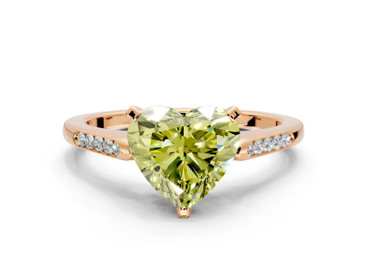 Solitaire Engagement Ring Setting for Fancy Yellow Heart-Shaped Center with Channel Accents and Prong Head in Rose Gold