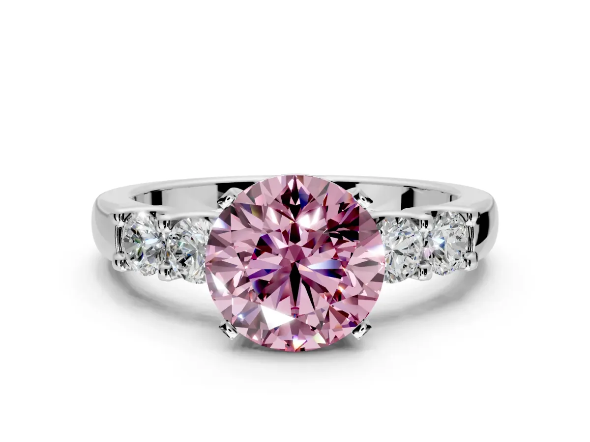 5 Stone Engagement Ring Setting for Fancy Pink Round Cut Center with Plain Band and Prong Head in Sterling Silver