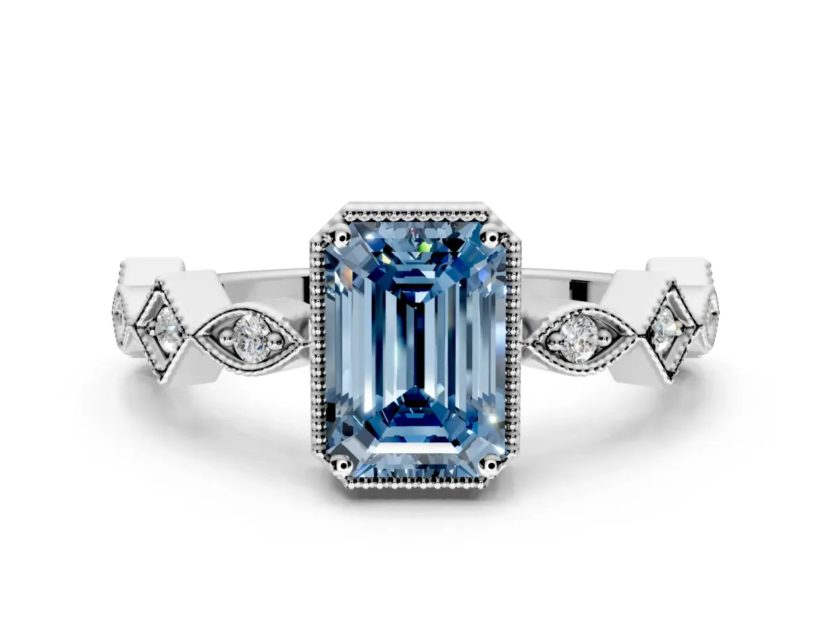 Milgrain Bezel Engagement Ring Setting for Fancy Blue Emerald Cut Center with Marquise Stations and Bezel Head in White Gold