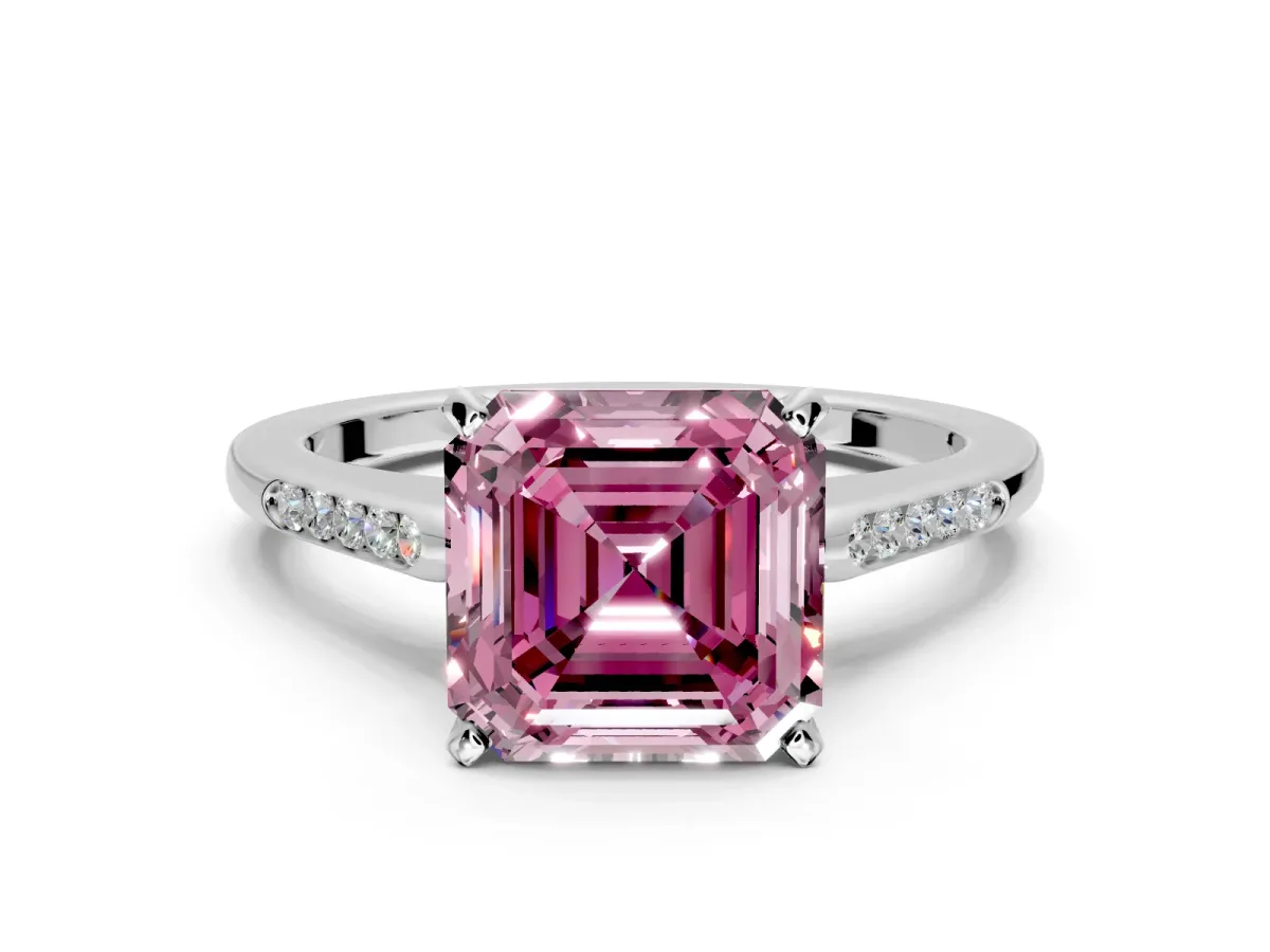 Solitaire Engagement Ring Setting for Fancy Pink Asscher Cut Center with Channel Accents and Prong Head in Platinum
