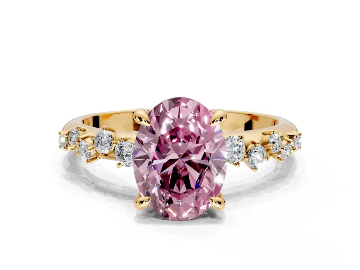 Solitaire Engagement Ring Setting for Fancy Pink Oval Center with Trailing Leaf Accent Band and Prong Head in Yellow Gold