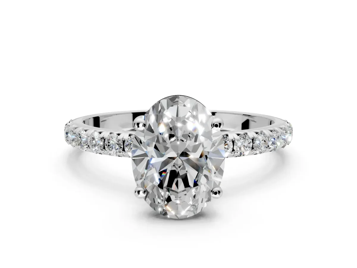 Solitaire Engagement Ring Setting for Oval Center with Micro Pave Band and Prong Head in White Gold