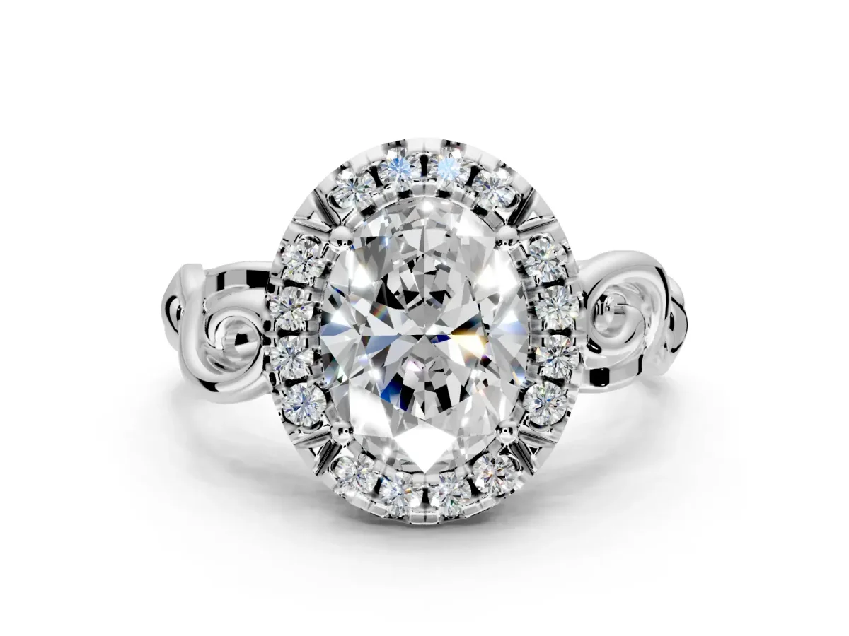 Halo Engagement Ring Setting for Oval Center with Open Scroll Shoulders and Prong Head in Platinum