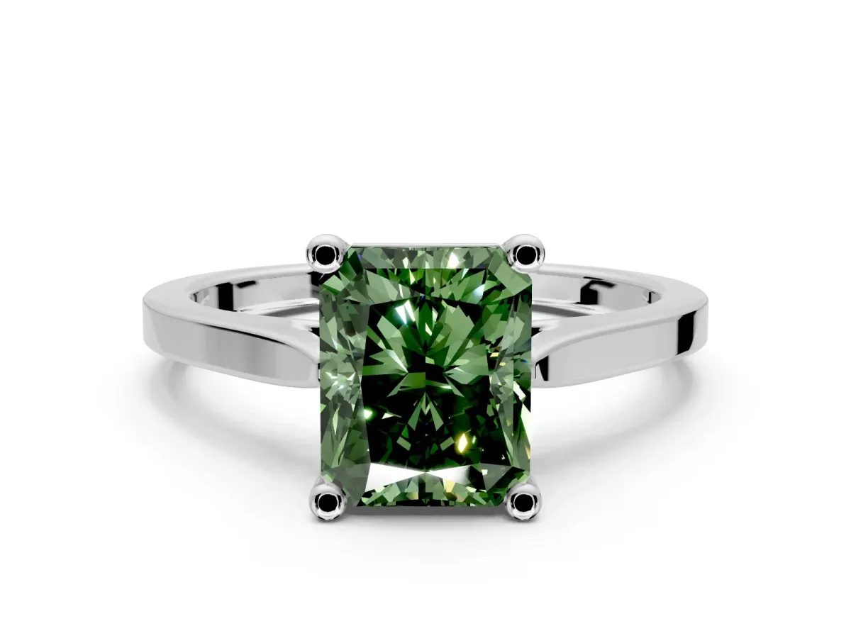 Solitaire Engagement Ring Setting for Fancy Green Radiant Cut Center with Tapered Shoulders and Prong Head in White Gold