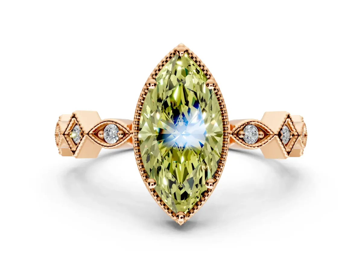Milgrain Bezel Engagement Ring Setting for Fancy Yellow Marquise Center with Marquise Stations and Bezel Head in Rose Gold