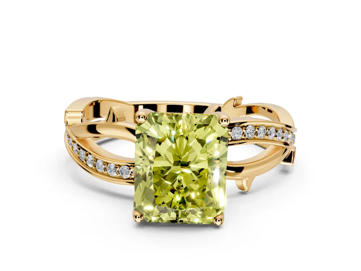 Solitaire Engagement Ring Setting for Fancy Yellow Radiant Cut Center with Pave and Plain Crossover Band and Prong Head in Yellow Gold