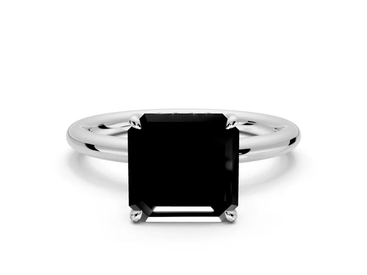 Hidden Halo Engagement Ring Setting for Fancy Black Asscher Cut Center with Thin Rounded Band and Prong Head in White Gold