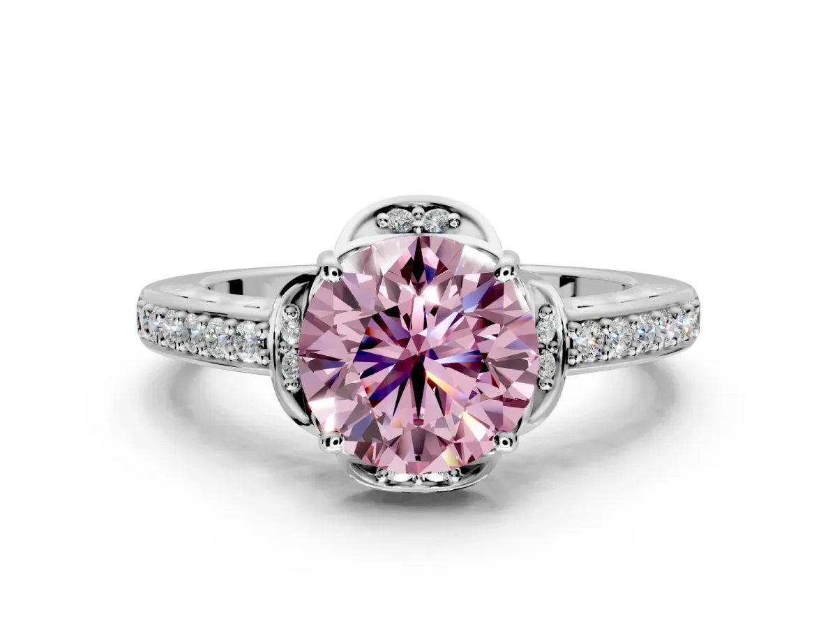 Floral Engagement Ring Setting for Fancy Pink Round Cut Center with Four Accent Clusters and Prong Head in Platinum