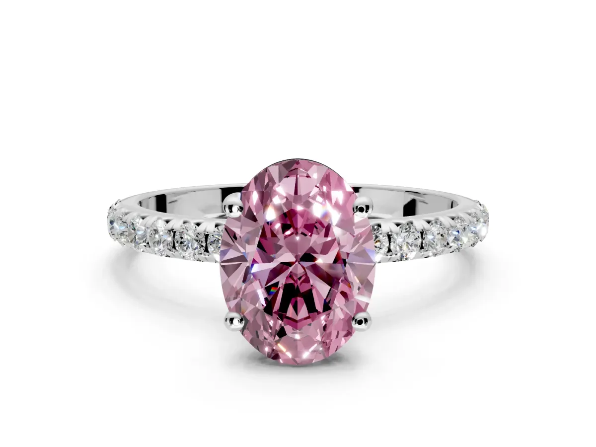 Solitaire Engagement Ring Setting for Fancy Pink Oval Center with Micro Pave Band and Prong Head in White Gold