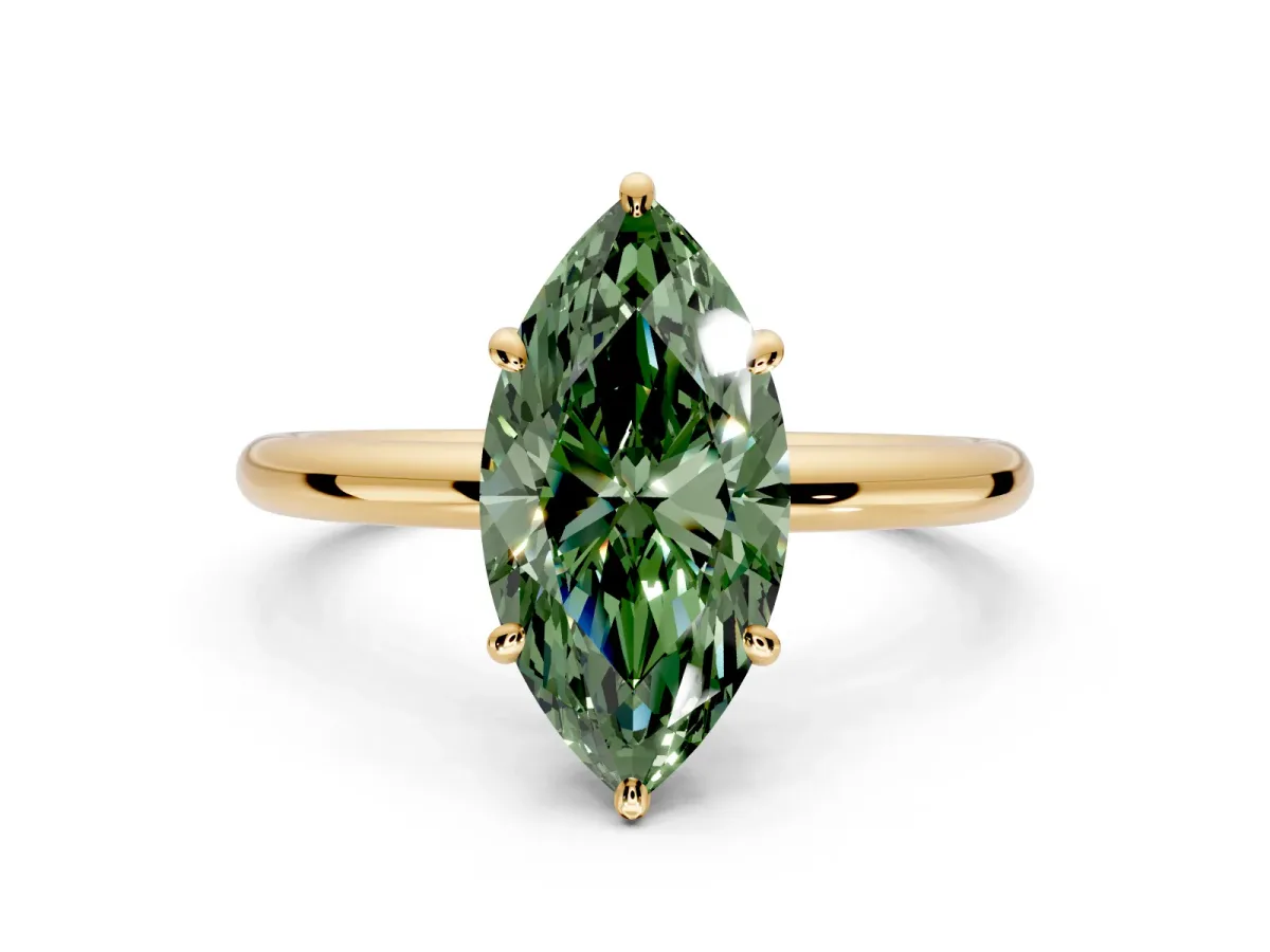 Low-Set Solitaire Engagement Ring Setting for Fancy Green Oval Center with Thin Plain Band and Prong Head in Yellow Gold