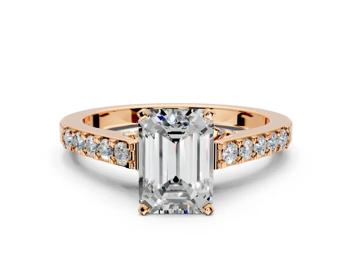 Solitaire Engagement Ring Setting for Emerald Cut Center with Crossover Accents and Prong Head in Rose Gold