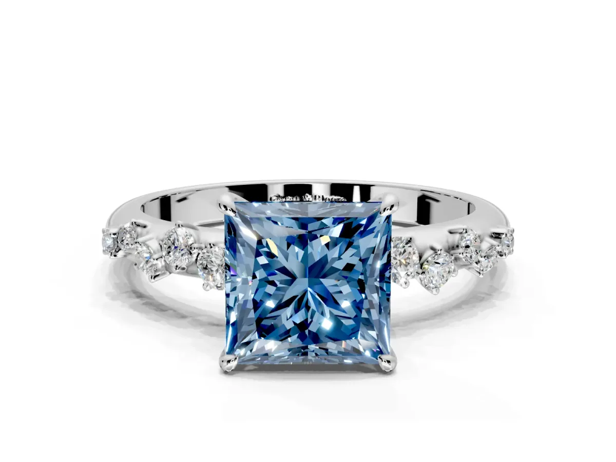 Cluster Engagement Ring Setting for Fancy Blue Princess Cut Center with Round Cut Accent Band and Prong Head in Sterling Silver