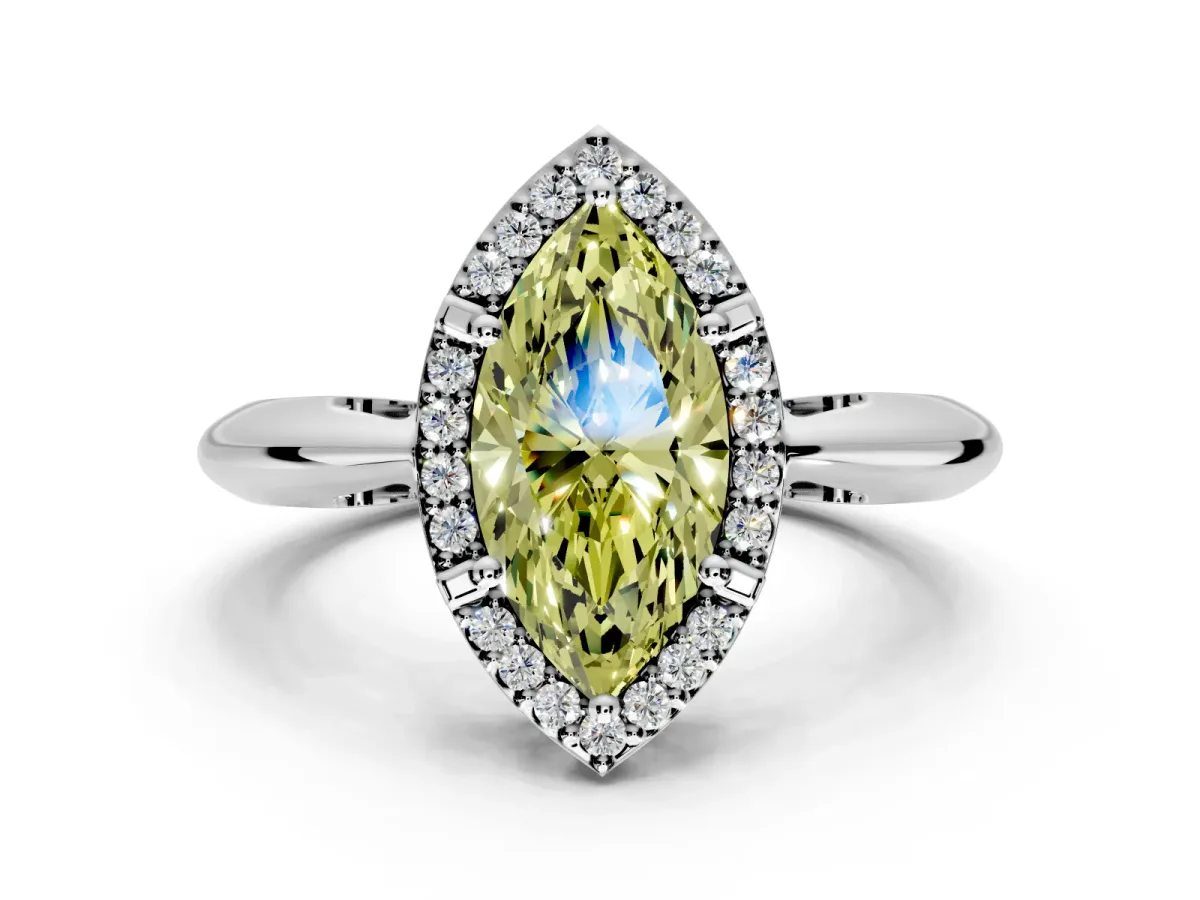 Halo Engagement Ring Setting for Fancy Yellow Marquise Center with Tapered Plain Band and Prong Head in White Gold