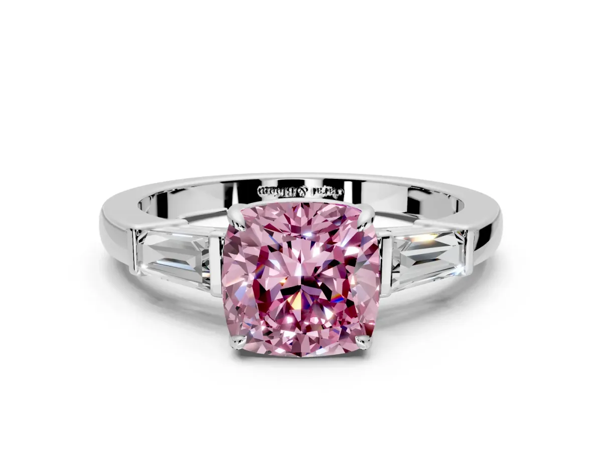 3 Stone Engagement Ring Setting for Fancy Pink Cushion Cut Center with Baguette Accents and Prong Head in White Gold