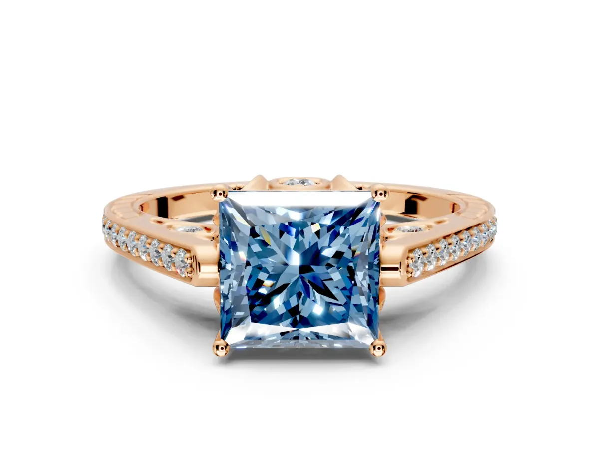 Cathedral Engagement Ring Setting for Fancy Blue Princess Cut Center with Antique-Style Pave Band and Prong Head in Rose Gold