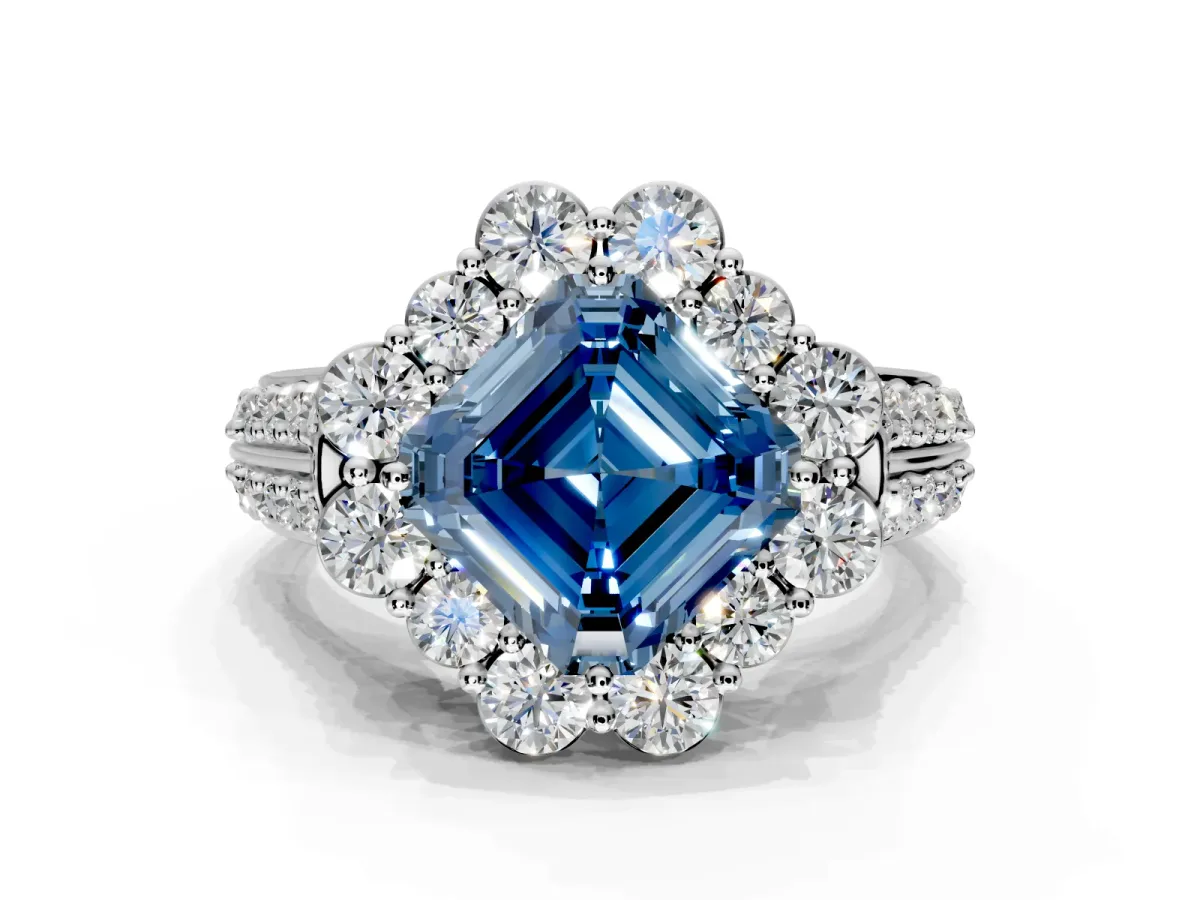 Large Accent Halo Engagement Ring Setting for Fancy Blue Asscher Cut Center with Pave Split Shank and Prong Head in Sterling Silver