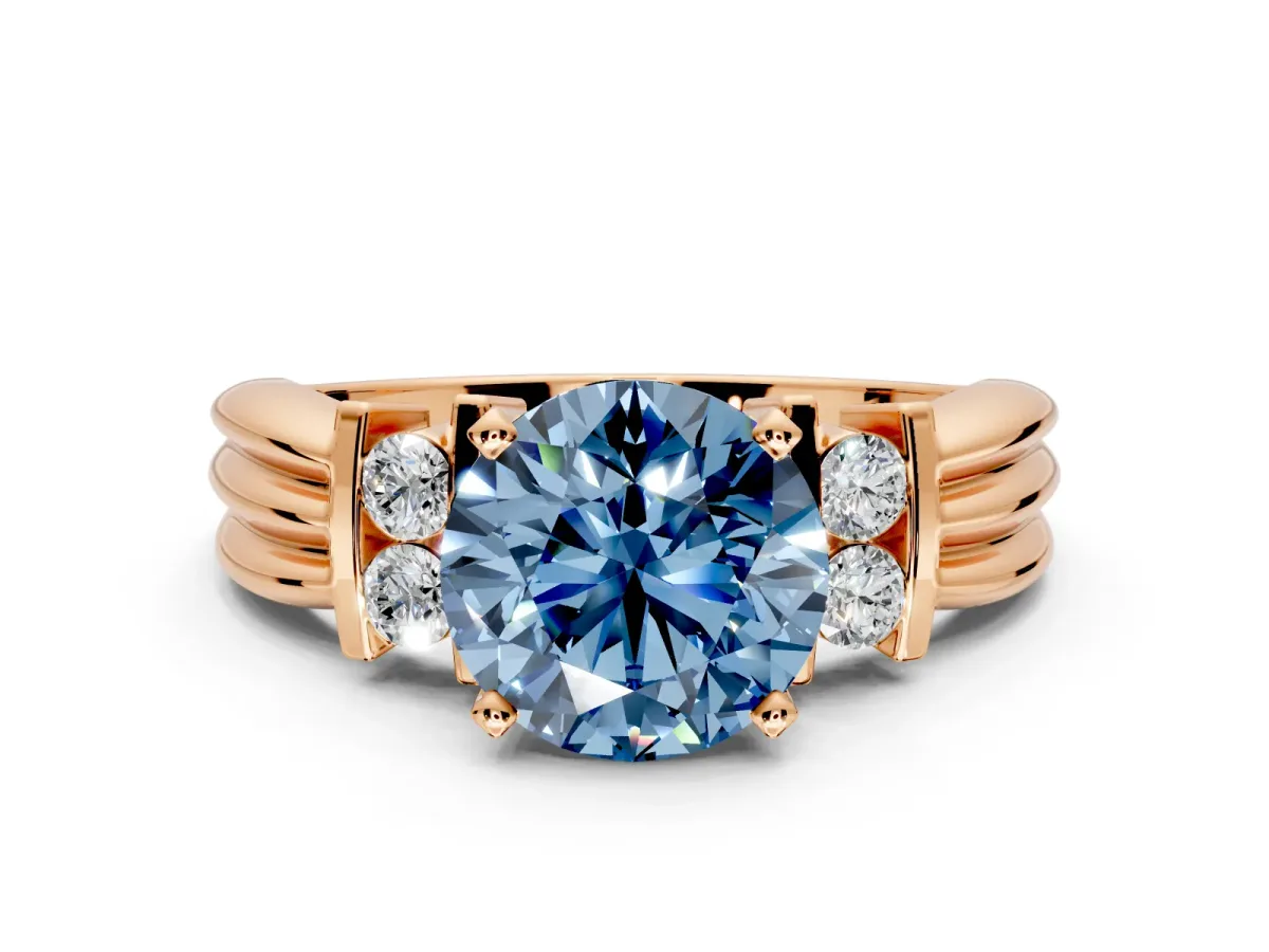 Solitaire Engagement Ring Setting for Fancy Blue Round Cut Center with Grooved Bar Accent Band and Prong Head in Rose Gold