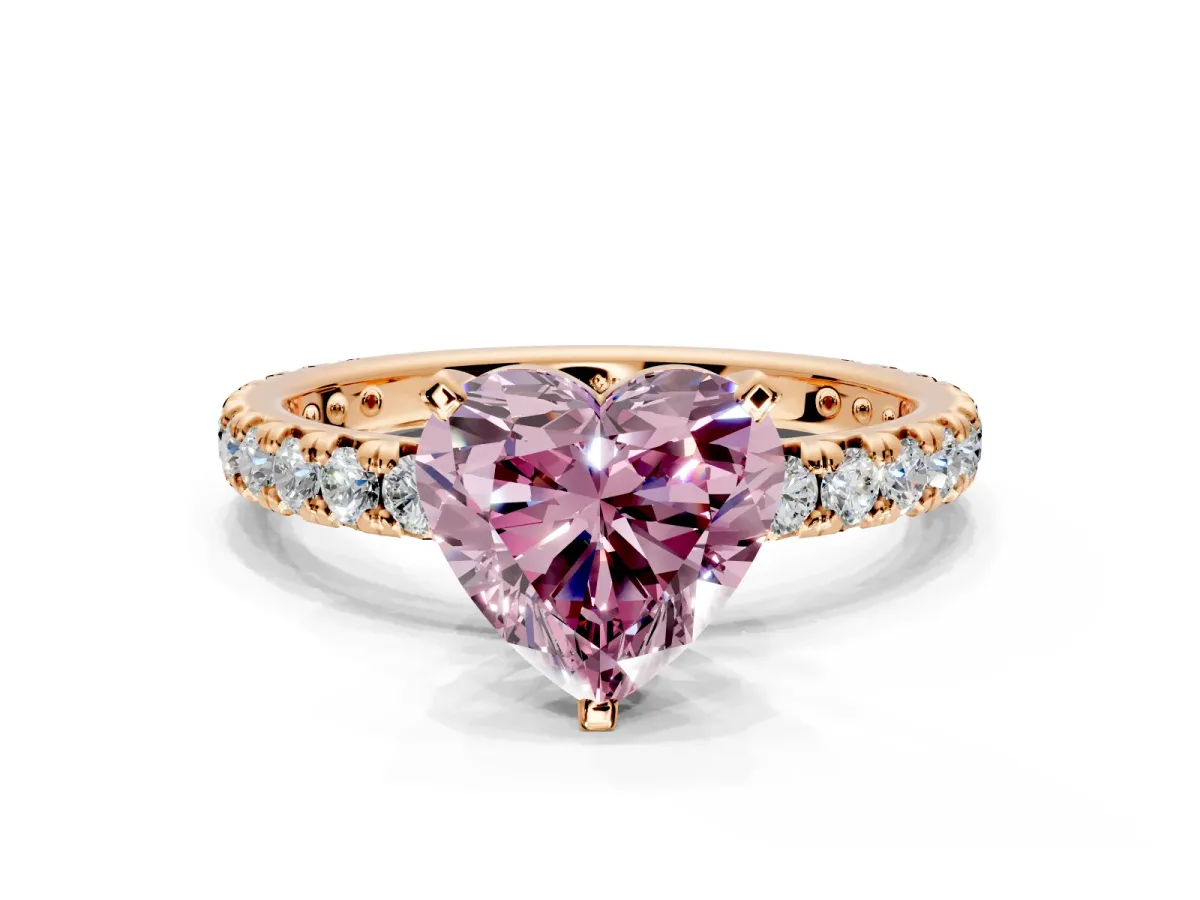 Solitaire Engagement Ring Setting for Fancy Pink Heart-Shaped Center with Shared-Prong Accents and Prong Head in Rose Gold
