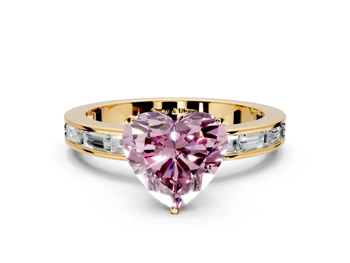 Solitaire Engagement Ring Setting for Fancy Pink Heart-Shaped Center with Channel Baguette Band and Prong Head in Yellow Gold