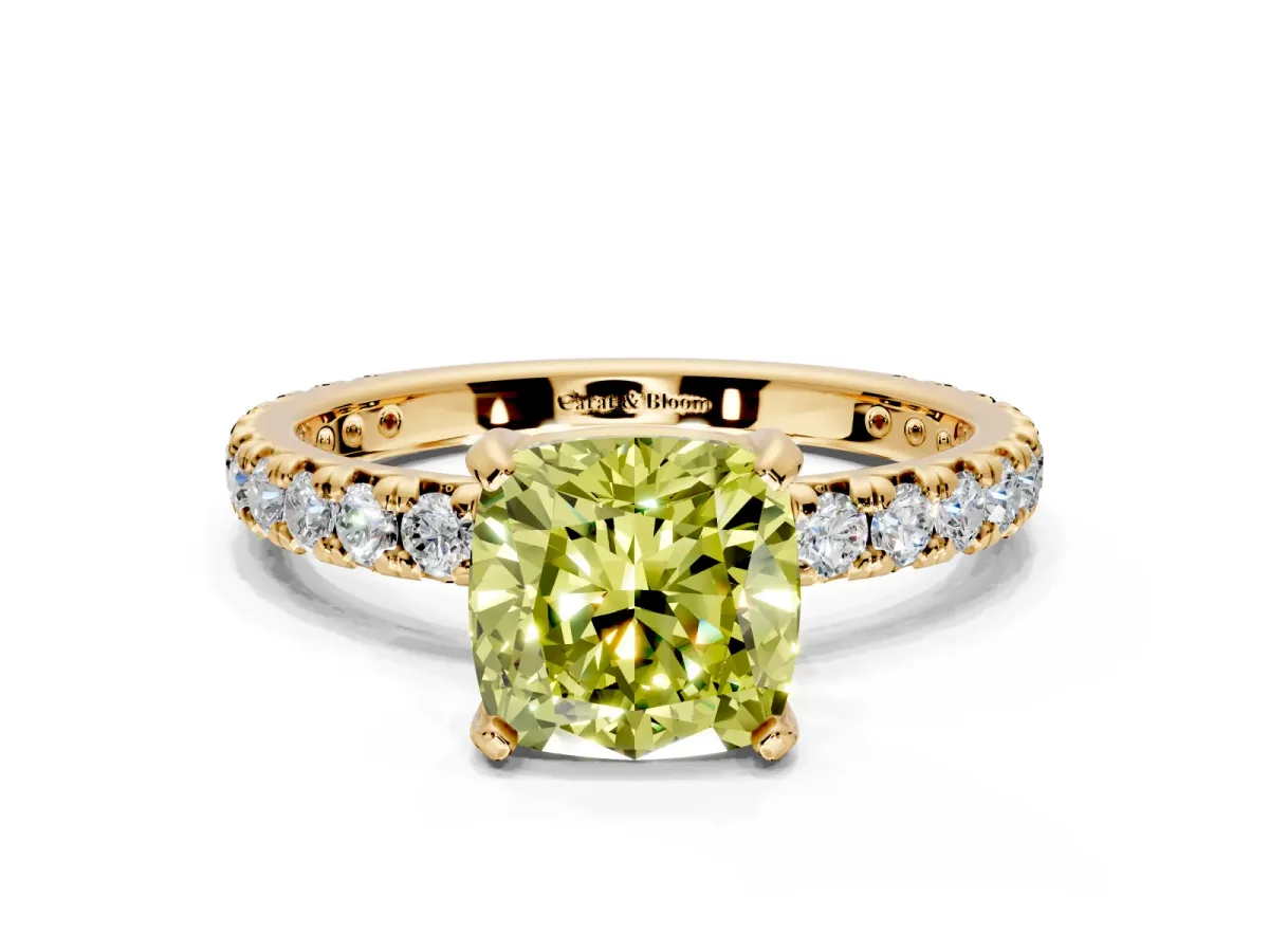 Solitaire Engagement Ring Setting for Fancy Yellow Cushion Cut Center with Shared-Prong Accents and Prong Head in Yellow Gold