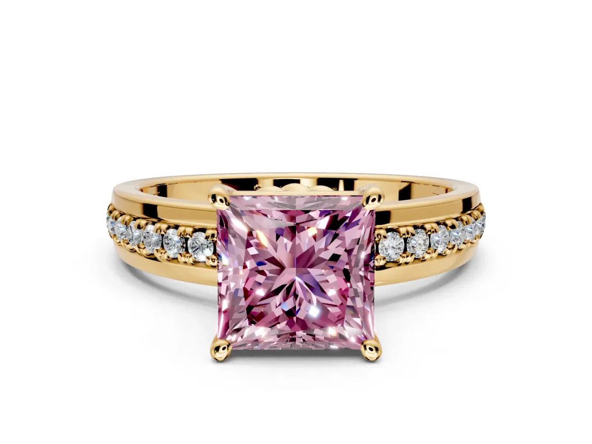 Solitaire Engagement Ring Setting for Fancy Pink Princess Cut Center with Raised Channel Band and Prong Head in Yellow Gold