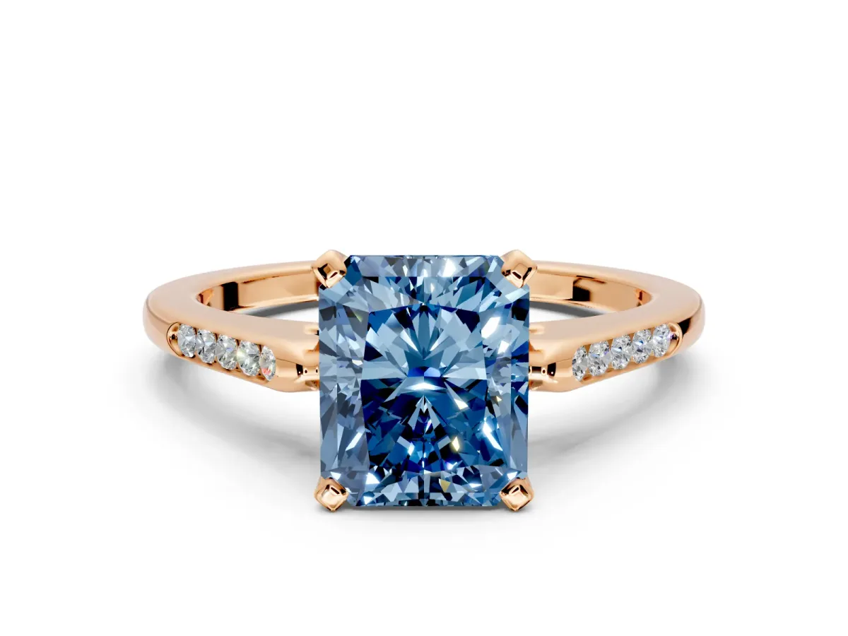 Solitaire Engagement Ring Setting for Fancy Blue Radiant Cut Center with Channel Accents and Prong Head in Rose Gold