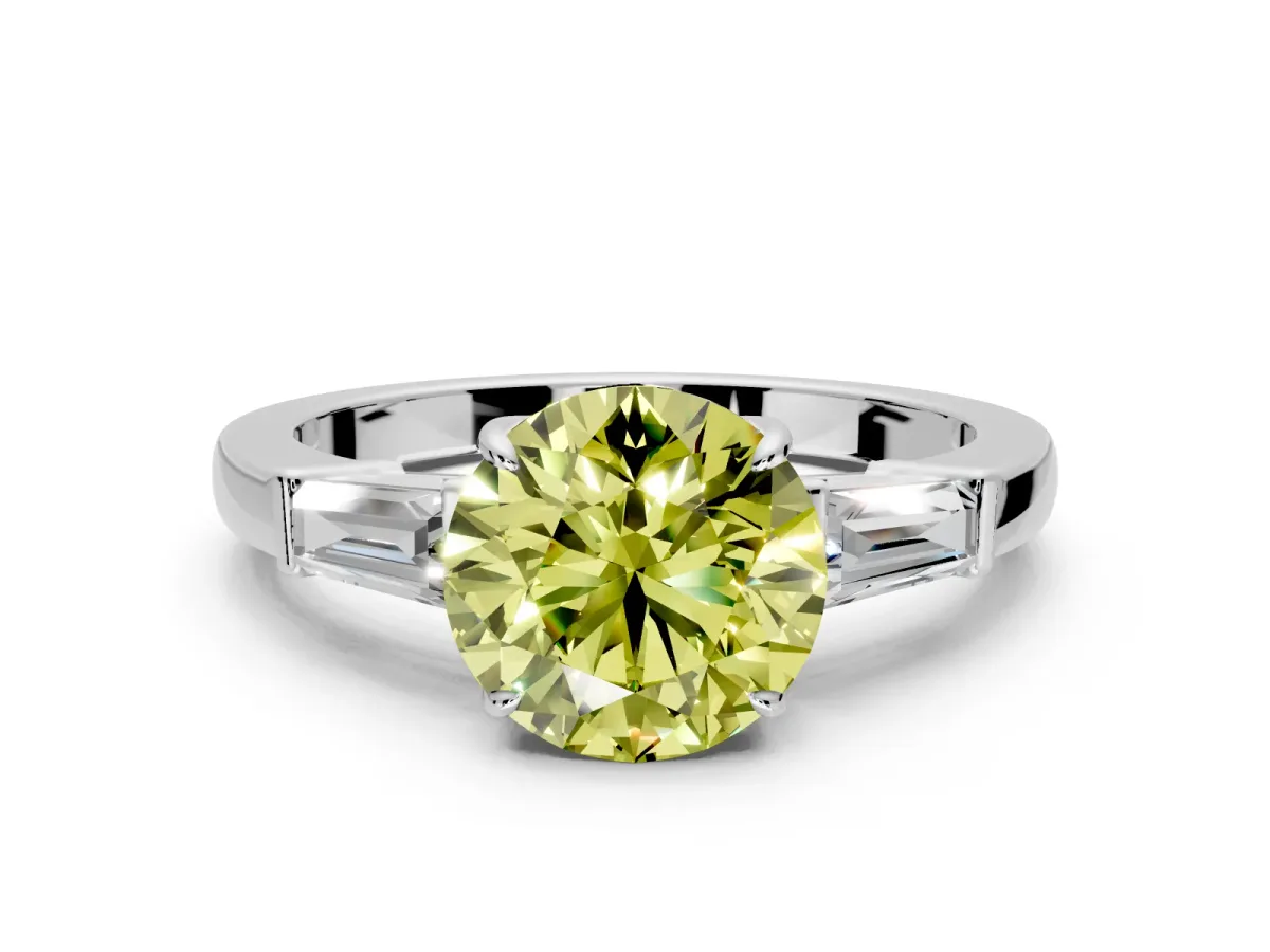 3 Stone Engagement Ring Setting for Fancy Yellow Round Cut Center with Baguette Accents and Prong Head in White Gold