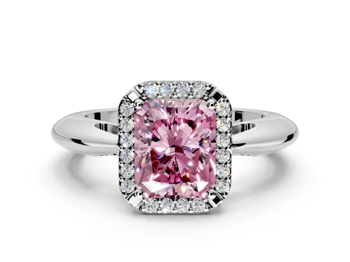Halo Engagement Ring Setting for Fancy Pink Radiant Cut Center with Tapered Plain Band and Prong Head in Platinum