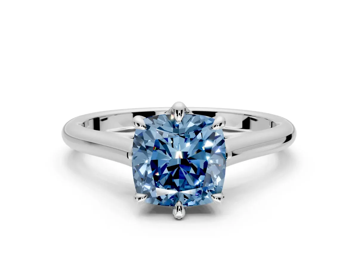 Solitaire Engagement Ring Setting for Fancy Blue Cushion Cut Center with Cathedral Band and Prong Head in White Gold