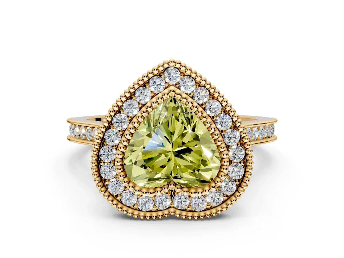 Halo Engagement Ring Setting for Fancy Yellow Heart-Shaped Center with Milgrain Frame, Pave Band and Prong Head in Yellow Gold