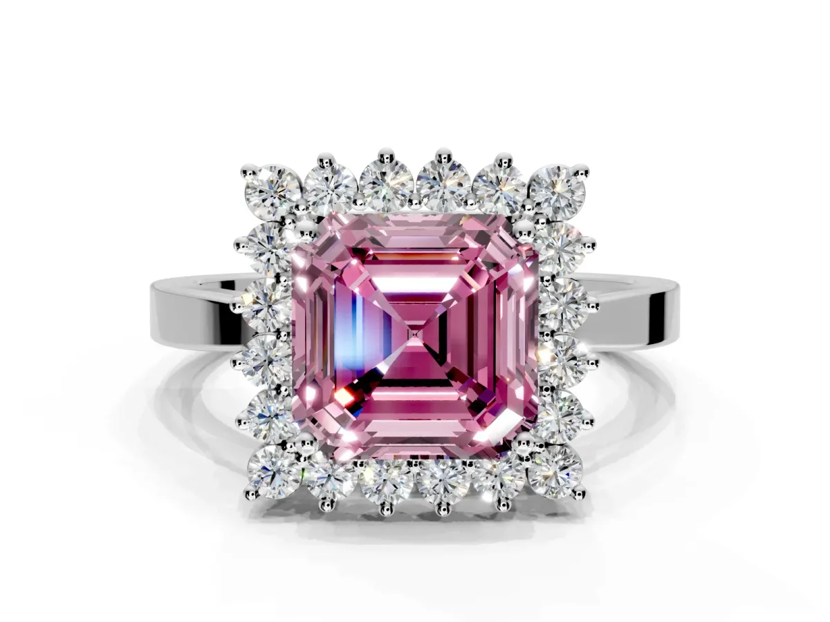 Starburst Halo Engagement Ring Setting for Fancy Pink Asscher Cut Center with Flat Cathedral Band and Prong Head in White Gold