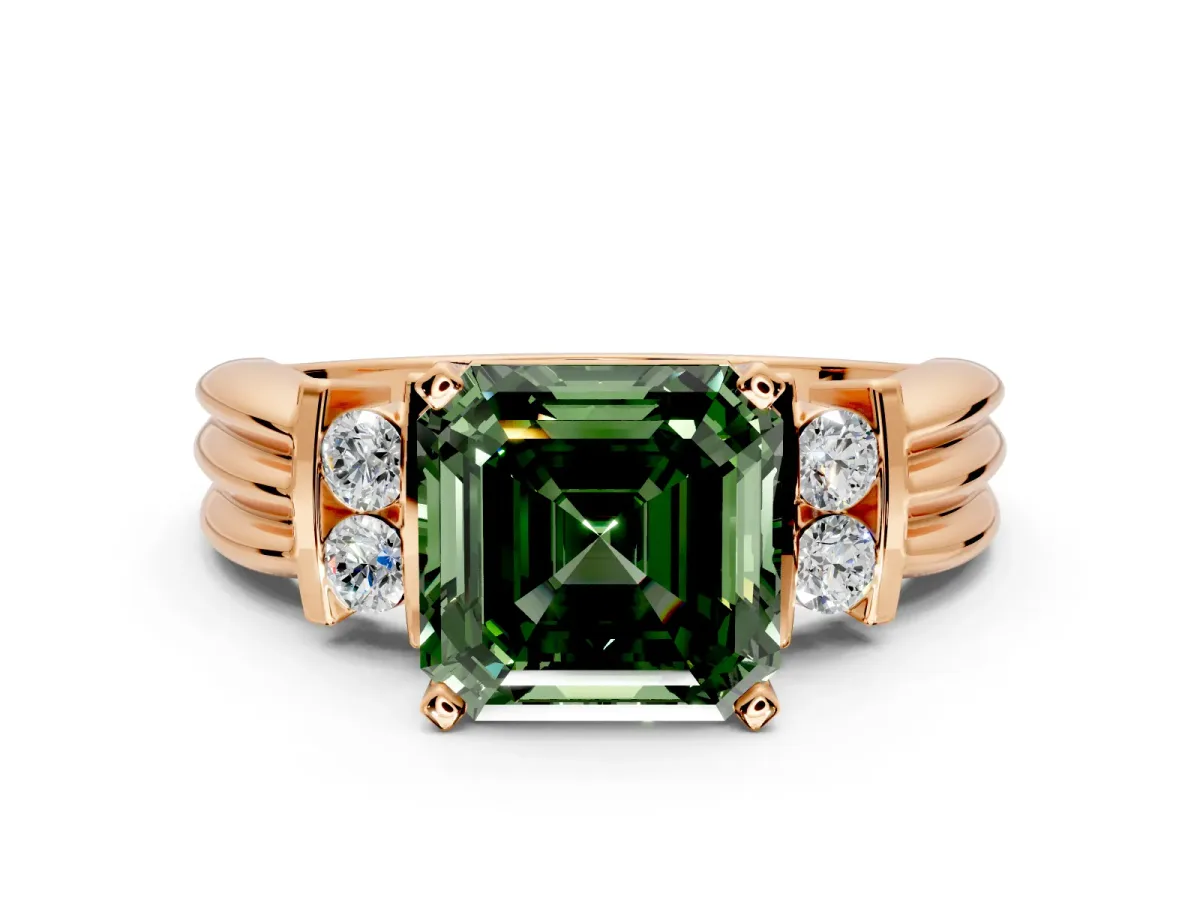 Solitaire Engagement Ring Setting for Fancy Green Asscher Cut Center with Grooved Bar Accent Band and Prong Head in Rose Gold