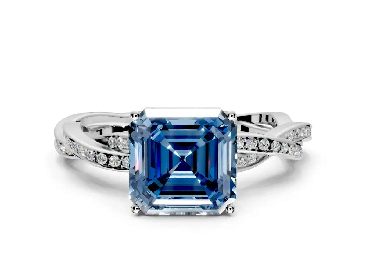 Solitaire Engagement Ring Setting for Fancy Blue Asscher Cut Center with Twisted Pave Band and Prong Head in Sterling Silver
