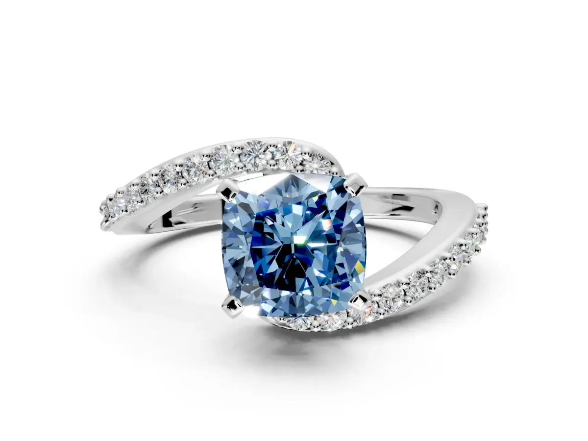 Solitaire Engagement Ring Setting for Fancy Blue Cushion Cut Center with Pave Bypass Swirl Band and Prong Head in White Gold