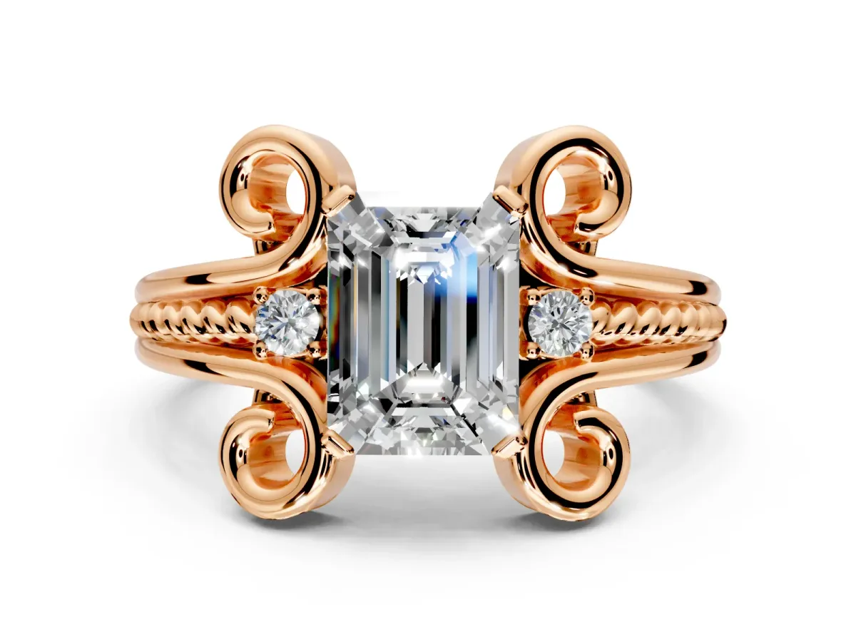 Solitaire Engagement Ring Setting for Emerald Cut Center with Twisted Band and Scroll Prong Head in Rose Gold
