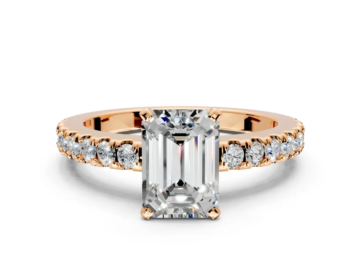 Solitaire Engagement Ring Setting for Emerald Cut Center with Single Row Accent Band and Prong Head in Rose Gold