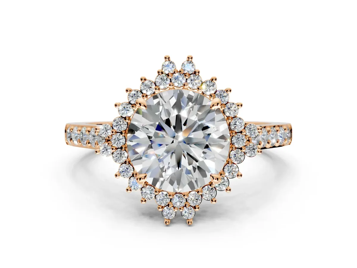Sunburst Halo Engagement Ring Setting for Round Cut Center with Pave Band and Prong Head in Rose Gold