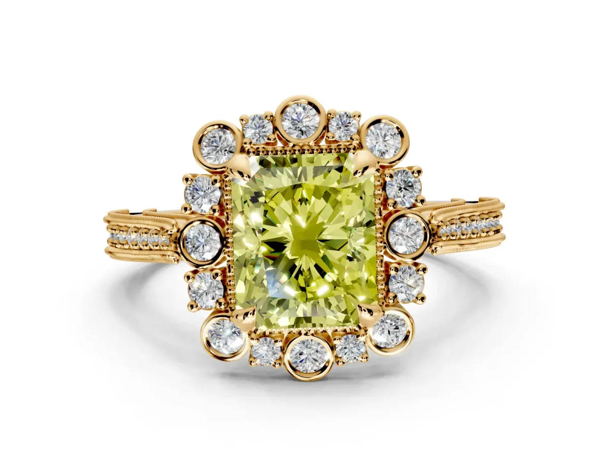 Milgrain Halo Engagement Ring Setting for Fancy Yellow Radiant Cut Center with Bezel Point Accents and Prong Head in Yellow Gold