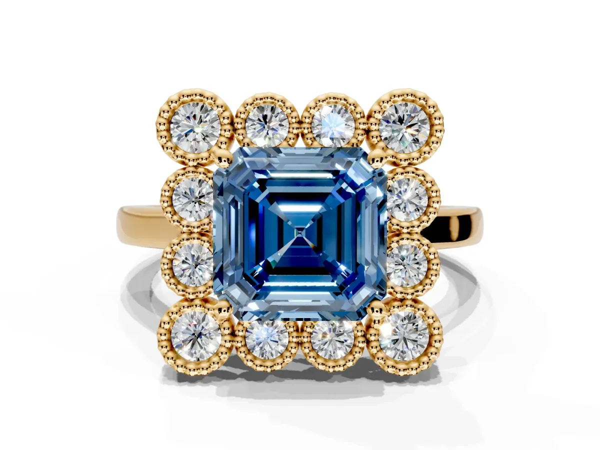 Cluster Halo Engagement Ring Setting for Fancy Blue Asscher Cut Center with Milgrain Bezel Accents and Prong Head in Yellow Gold