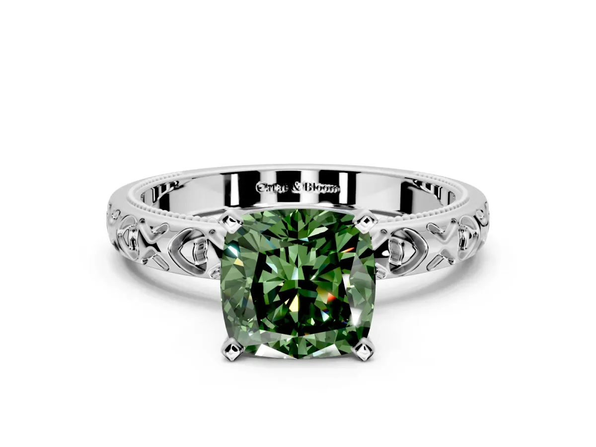 Solitaire Engagement Ring Setting for Fancy Green Cushion Cut Center with XO Engraved Band and Prong Head in Platinum