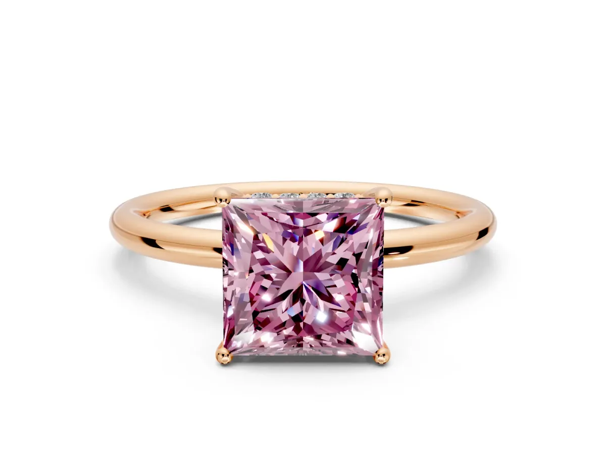 Solitaire Engagement Ring Setting for Fancy Pink Princess Cut Center with Plain Band, Open Basket and Prong Head in Rose Gold