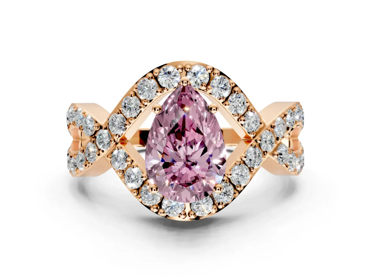 Halo Engagement Ring Setting for Fancy Pink Pear-Shaped Center with Pave Infinity Twist Band and Prong Head in Rose Gold
